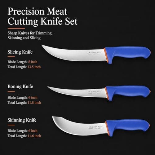 DRAGON RIOT 3 Pcs Butcher Knives Set, Meat Processing Knife Set for Brisket Trimming with German Stainless Steel and Blue Non-slip Handle Gift for Men - Thumbnail 6