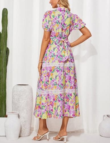 GRACE KARIN Women's 2026 Summer Floral Flowy Dresses Boho Tie Belt Short Puff Sleeve A Line Maxi Shirt Dress with Pocket Purple Yellow Small - Thumbnail 3