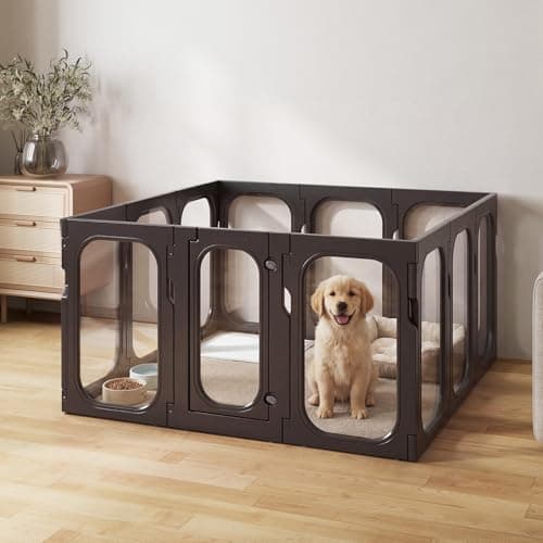 Jenwnet Acrylic Clear Dog Playpen Indoor with Door, 26'' H Transparent Dog Play Pen for Small Dogs, No-Connector Modular Puppy Playpen with Integrated Suction Cups Base, 12 Panels, Black - Image 1