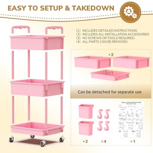 Goovilla Diaper Cart with Lockable Wheels and Easy Assembly, 3 Tier Pink Rolling Cart for Baby Nursery Storage, Sturdy Ample Diaper Caddy Organizer for Baby Girl, Boy, New Mom, Newborn Essentials - Thumbnail 6
