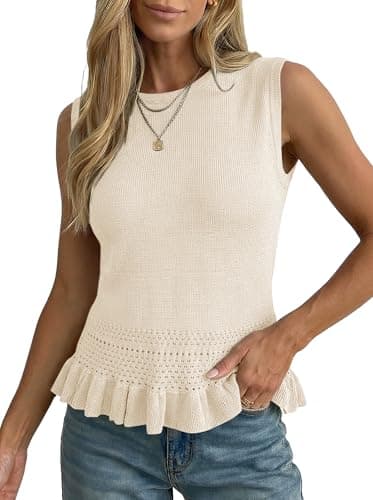 LaGracia Womens Sweater Vest Sleeveless Crochet Tank Tops Cropped Sweaters Summer Lightweight Peplum Crop Tops Beach Vacation Outfits Beige 2XL - Image 1