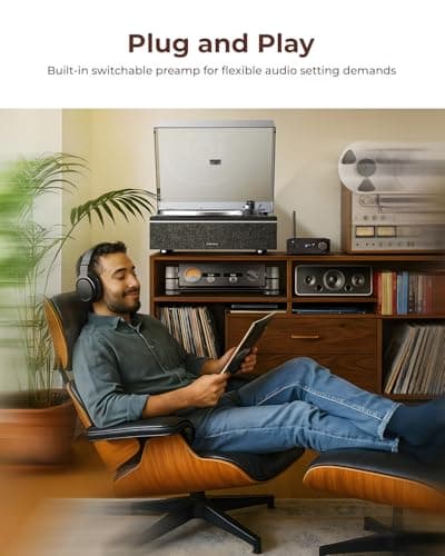 Qlearsoul ONE-S Vinyl Record Player with Bluetooth Input/Output, All-in-One Vintage Turntable Built in Speakers, Phono Preamp & DSP, AT-3600L Cartridge, 33/45 RPM (Black) - Thumbnail 5