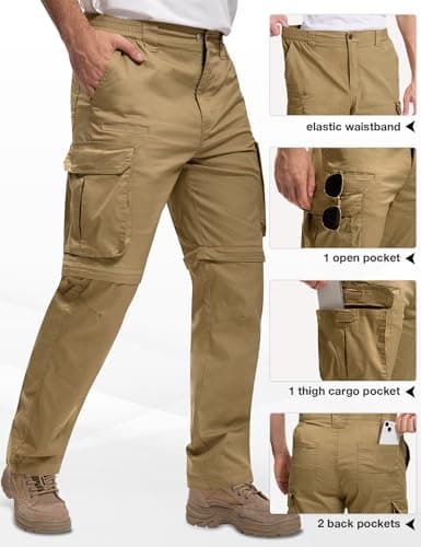AOHIKE Cargo Pants for Men Convertible - Lightweight Zip Off Stretch Mens Hiking Pants for Outdoor Camping, Khaki - Thumbnail 4