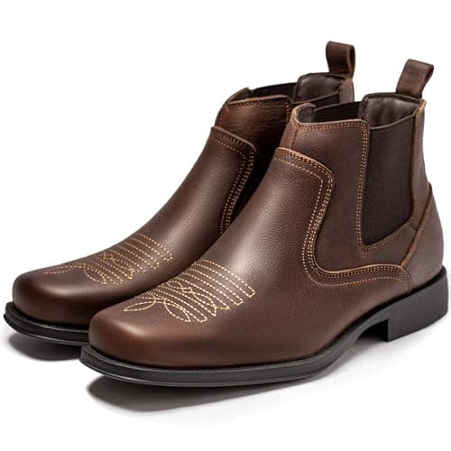 ArcBrothers Cowboy Boots for Men Square Toe - Premium Leather Ankle Western Boots Chelsea Slip On Retro Style Ultimate Comfort & Durability - Thumbnail 4