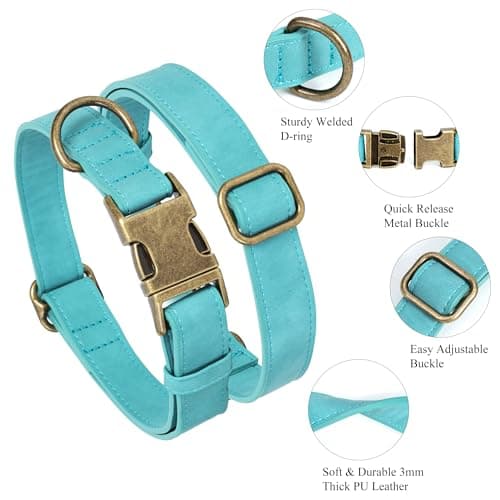 Jumpress Soft Leather Dog Collar for Small Medium Large Dogs, Heavy Duty Dog Collar Leather with Quick Release Metal Buckle, Durable & Adjustable for Large Dogs Walking (Teal Blue, L) - Thumbnail 2