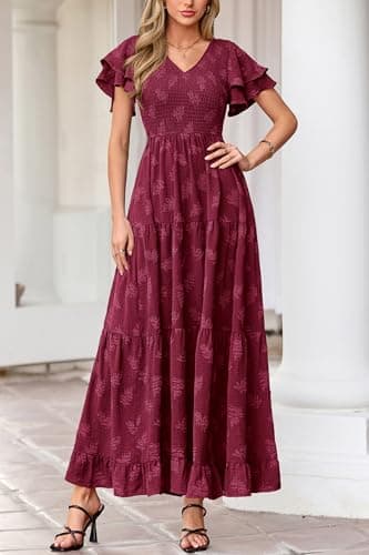 dowerme Maxi Dresses for Women 2026 Summer Ruffle Sleeve V Neck Smocked A Line Floral Boho Tiered Sundress Spring Outfit(Burgundy,Medium) - Thumbnail 2