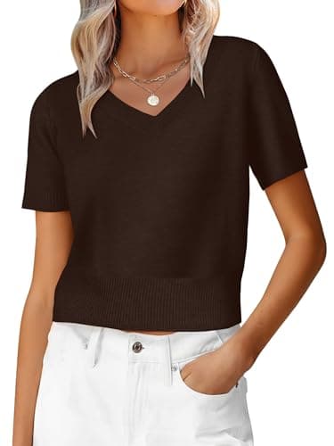 ANRABESS Womens Short Sleeve Sweaters Cropped V Neck Business Casual Lightweight Sweater Tops Summer Spring Clothes 2026 Coffee Medium - Image 1
