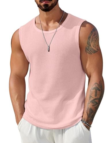 COOFANDY Muscle T Shirts for Men Knitted Tank Top Waffle Sleeveless Shirt Stretchy Breathable Fashion Tanks Pink M - Image 1