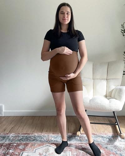 G4Free Maternity Summer Clothes Workout Shorts with Pockets Stretchy Comfy Pregnancy Yoga Short Active Wear(Dark Coffee,L) - Thumbnail 2