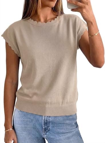 Jenisso Women Summer Sweater Cap Sleeve Lightweight Pullover Soft Knit Top with Scallop Wavy(Beige,XL) - Thumbnail 2