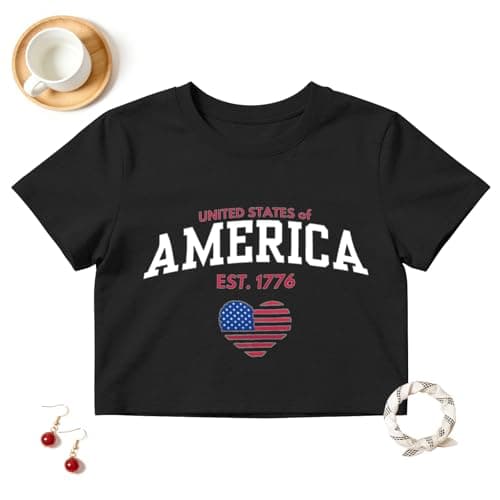 American Flag Heart Crop Tops Women-USA 4th of July Patriotic Crop Short Sleeve Red White Blue Shirt - Image 1