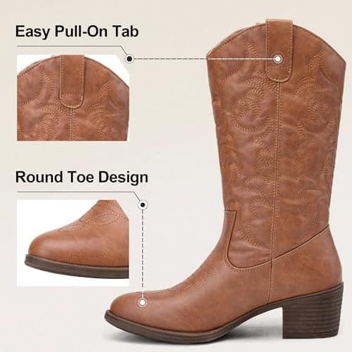 Vepose Women's Cowboy Boots Western Cowgirl Round Toe Mid Calf Boots,Brown,Size 6M US(CJY9801 Brown 06) - Thumbnail 4