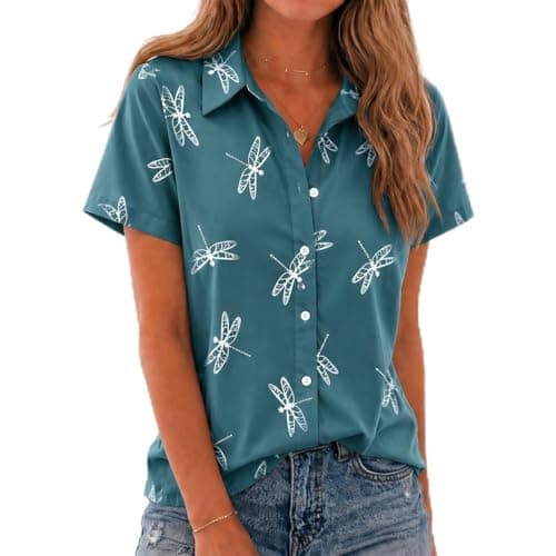 Chicwave Women's Short Sleeve Button Down Shirt, Collared V Neck Floral Blouse, Lightweight Teacher Office Top for Work, Travel, Vacation, Summer, Green - Image 1