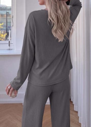 KIRUNDO Spring 2 Piece Lounge Sets for Women Long Sleeve Ribbed Knit Tops Wide Leg Pants Matching Travel Outfits Postpartum(Dark Grey, XX-Large) - Thumbnail 3