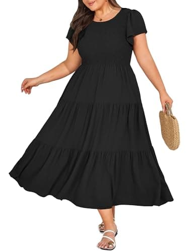 KIMCURVY Plus Size Spring Dresses Women's Smocked Layered Dresses Maxi Flowy Short Sleeve Dress Black 20W 3X - Image 1