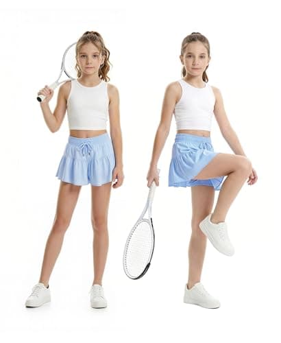 Stelle Girls Athletic Shorts Flowy 2 in 1 Butterfly Short Running Soccer Tennis Sports Shorts with Pocket,Light Blue,12-13 Years - Thumbnail 4