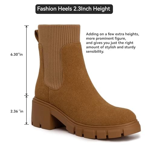 Athlefit Women's Brown Chelsea Boots Fall Platform Ankle Suede Boots Slip on Chunky Lug Sole Boots Size 7.5 - Thumbnail 5
