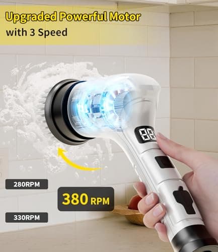 Electric Spin Scrubber, Cordless Household Cleaning Brush with 6 Replaceable Heads, 3 Speeds, LED Display, Lightweight Handheld Power Scrubber for Cleaning Stove/Bowl/Sink/Corner/Tile/Grout-White - Thumbnail 4