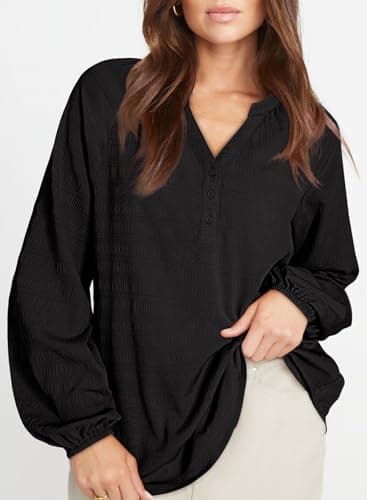 Dokotoo Long Sleeve Shirts for Women 2026 Spring Fashion V Neck Casual Blouses Dressy Ladies Textured Shirts Black Teacher Outfits Blouses Oversized Black Button Down Shirts Large - Thumbnail 4
