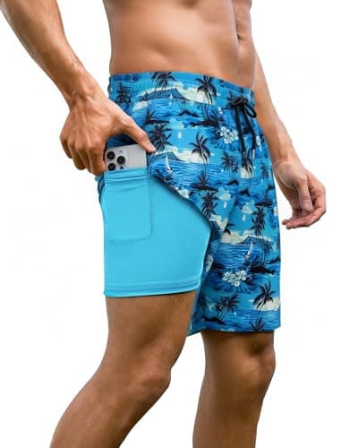 Arolina 7 Inch Mens Swim Trunks Compression Liner Zipper Pockets Bathing Suits Board Shorts Swimwear Palm X-Large - Image 1