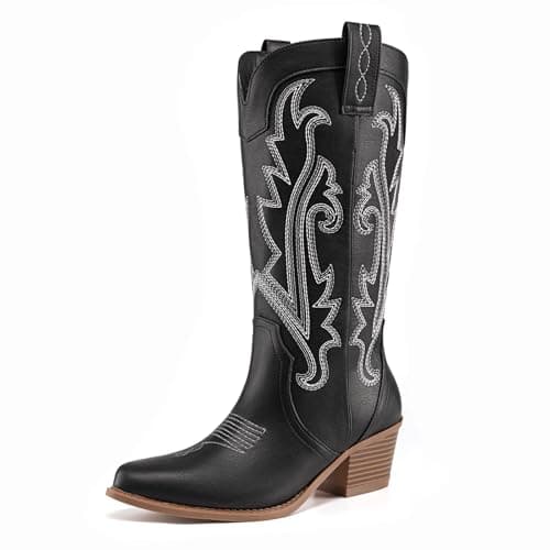 Athlefit Women's Embroidered Western Cowboy Boots Fashion Pointed Toe Chunky Heel Mid Calf Cowgirl Boots Black Size 7.5 - Image 1