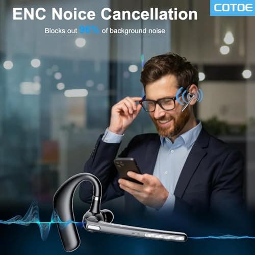 COTOE Bluetooth Headset V5.3, Wireless Earpiece with 500mAh Charging Case 72 Hrs Talking Time Hand-Free Headphones with Noise Canceling Mic for Office/Driving/Business/Trucker,Black - Thumbnail 5