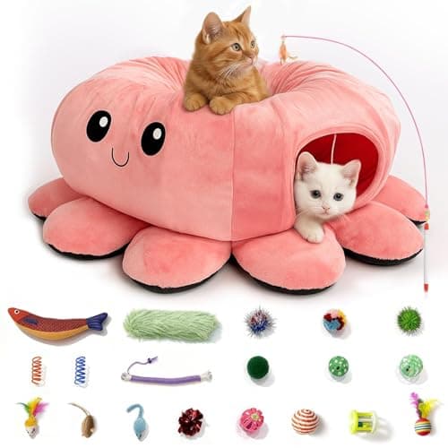 VIEFIN Cat Tunnel Bed with 20 Cat Toys, Collapsible Play Tunnel for Indoor Cats, Kitten Toys for Indoor Kittens, Octopus Shaped - Image 1