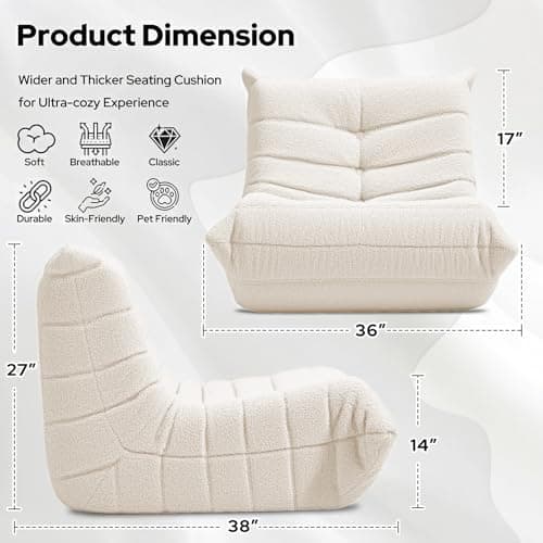 HABUTWAY Bean Bag Chairs Fireside Lazy Floor Sofa, Soft Teddy Fleece Bean Bag Sofa with High-Resilience Foam Filling，Beanbag for Living Room, Bedroom, Office (Beige Teddy) - Thumbnail 2
