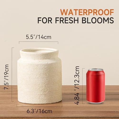 Ceramic Flower Vase 7.5 inch Farmhouse Rustic Vase for Home Decor Handcrafted Pottery Terracotta Vases for Dining Table Decor Fireplace Living Room Bathroom Wedding Centerpiece (M-Off White) - Thumbnail 2