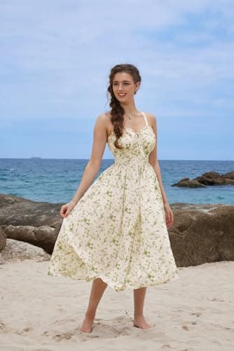 Summer Dress for Women 2026 Floral Milkmaid Sundress Midi Corset Dress Beige Green Floral L - Thumbnail 2