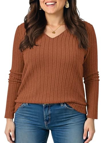 TIANZHU Plus Size Tops for Women Long Sleeve V Neck Lightweight Blouse Brushed Stripe Casual Workout Top, Caramel, 4XL - Image 1
