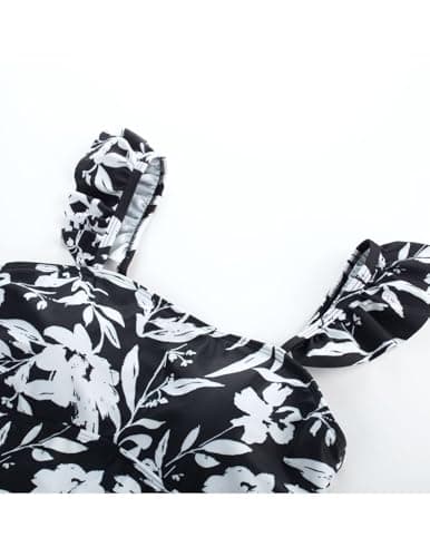 Kate Kasin Womens Bathing Suits Two Piece Tankini Set Swimsuit for Women Sleeveless Square Neck Ruched Padded Swim Tops with Briefs Swimwear Black Leaf Floral S - Thumbnail 5