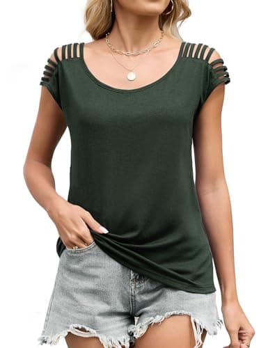 JUSTFASHIONNOW Womens Cold Shoulder Tops Summer Cute T Shirts Going Out Cap Sleeve Tops Dressy Casual Blouses Comfy Trendy Tee Shirts (Army Green,Large) - Thumbnail 5