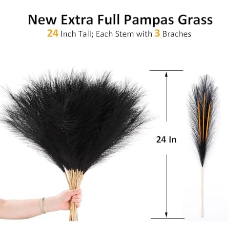 Black Faux Pampas Grass Extra Full, 24'' Tall 30 Stems with 90 Branches Artificial Pampas Grass Boho Decor, Artificial Flower Arrangements for Wedding Centerpieces, Vase Filler - Thumbnail 2