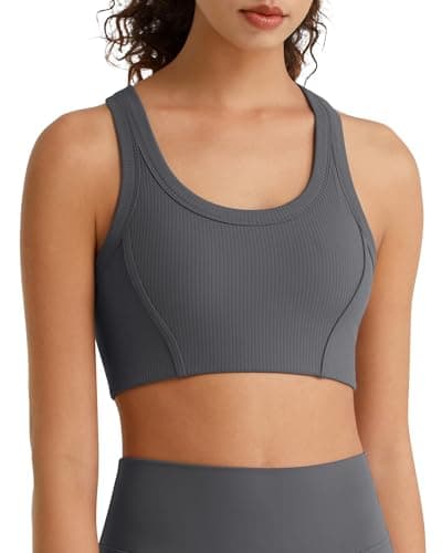 G4Free Padded Sports Bra Women with Built in Bras Crew Neck Racerback Princess Seams Workout Gym Yoga Fitness Crop Length(Dark Gray,L) - Image 1