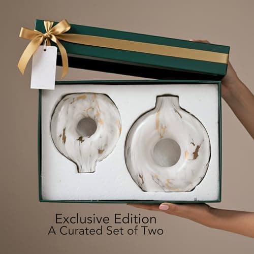 Modern Ceramic Donut Vase Set of 2 - Boho Design White and Gold Marble Pattern Vases for Flowers and Pampas - Elegant Home Decor Centerpieces for Coffee Tables - Entryways - Dining and Living Rooms - Thumbnail 2