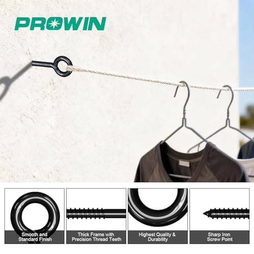 Prowin Heavy Duty Black Screw Eye Hooks, 4PCS M10 5.59 Inch Self Tapping Eyelet Bolts, Strong Eye Screws for Wood, Cables & Wire Securing, Indoor & Outdoor Heavy Duty Use - Thumbnail 6