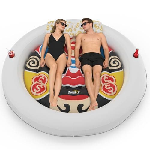 Sunikko X 73"x73" Inflatable Tanning Pool Floats Lounger Bed for Adults, Lucky Design XL Round Blow Up Pool Raft with Cup Holders, Pillow, 500lb, Sunbathing, Pool, Beach, Lake, Backyard Party