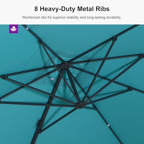 PURPLE LEAF 9' × 11.5' Patio Cantilever Umbrella with Base Outdoor Rectangle Adjustable Offset Umbrellas with 360-degree Rotation and 8 Heavy Duty Metal Ribs for Garden Deck Pool Turquoise Blue - Thumbnail 5