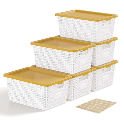 EOENVIVS Plastic Storage Baskets with Latching Lids – Stackable Storage Baskets with Lids for Pantry, Closet, Bedroom & Shelves | Durable Organization Boxes for Home,Office & Classroom, 6 Pack, White