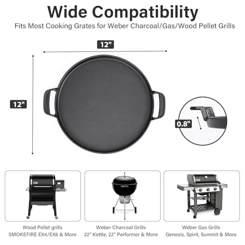 BLUES GRILL PARTS 7421 Cast Iron Griddle - 12" Gourmet BBQ System Insert, Fits Most Cooking Grates for Weber Charcoal/Gas/Pellet Grills (22" Kettle/Performer, SMOKEFIRE EX4/EX6, Genesis, Spirit &More) - Thumbnail 2