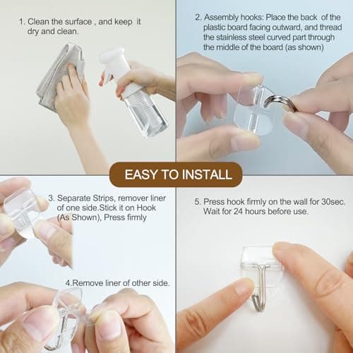25 Small Wall Hooks for Hanging, with 30 Removable Strips, Clear Hanger Hooks, Damage-Free Utility Hooks with Adhesive Strips, Wire Toggle Wall Hook for Key, Hat, Decor, Door, Clear, Value Pack - Thumbnail 5