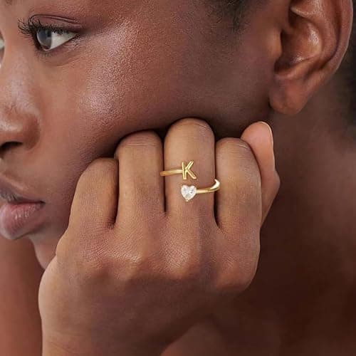 Fezodo Initial Rings for Women Non Tarnish - 18K Gold Plated Initial V Ring Adjustable Heart Cubic Zirconia Rings for Women Gold Jewelry Gifts - Thumbnail 5