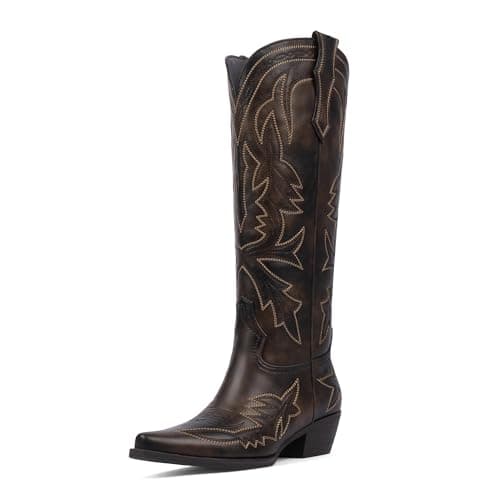 VIUGJNEX Cowgirl Boots Women Pointed Toe Embroidered Brown Knee High Cowboy Boots Women Pull on Wide Calf Boot for Womens Low Chunky Heel Western Boot Size 7.5 - Image 1