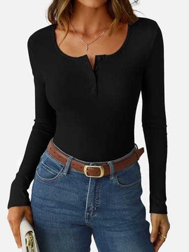 GKBK Ribbed Long Sleeve Tops for Women Henley Neck Slim Fitted Tight Basic Tee Tshirts Cute Fall Tops 2025 Trendy Outfits Clothes Black XL - Thumbnail 2