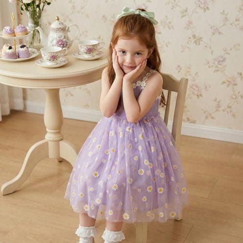 Toddler Girls Daisy Tulle Dress Purple Flower Girl Gown for Weddings Birthdays Sleeveless Summer Sundress for Kids 18-24 Months - Thumbnail 6