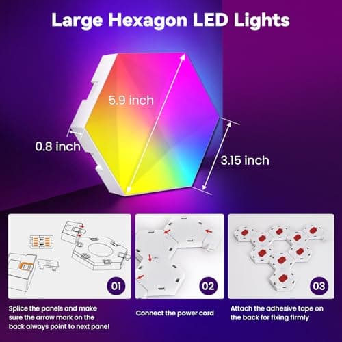 Pak Hexagon Lights 9 Packs DIY LED Light, RGB+IC Creative Gaming Lights Wall Décor with Remote, with APP Smart Modular Panel Hex Tiles, Push Glide Expansion Shape with Music Sync, Voice Control - Thumbnail 2