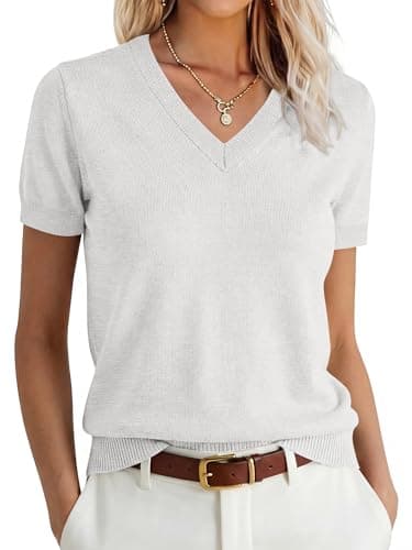 ANRABESS Women’s 100% Wool Sweater，Office Work V Neck Short Sleeve Sweaters ，Soft & Lightweight， Business Casual Tops Beige Small - Image 1