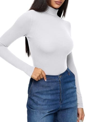 REORIA Womens Winter Turtleneck Long Sleeve Tight Shirts Going Out Basic Slim Fit Thong Body Suit Tops Fall Clothes Brilliant White XX-Large - Thumbnail 3
