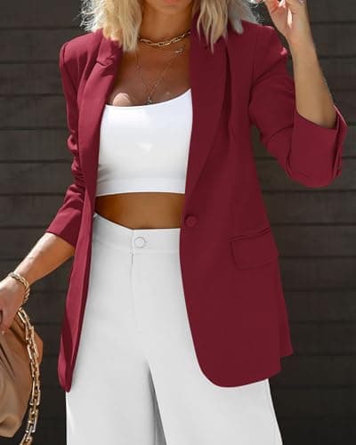KIRUNDO Women's Blazer Oversized Boyfriend Long Sleeve Button Front Business Casual Jackets Spring Fall Fashion 2026 Work Clothes(Wine Red, XX-Large) - Thumbnail 4